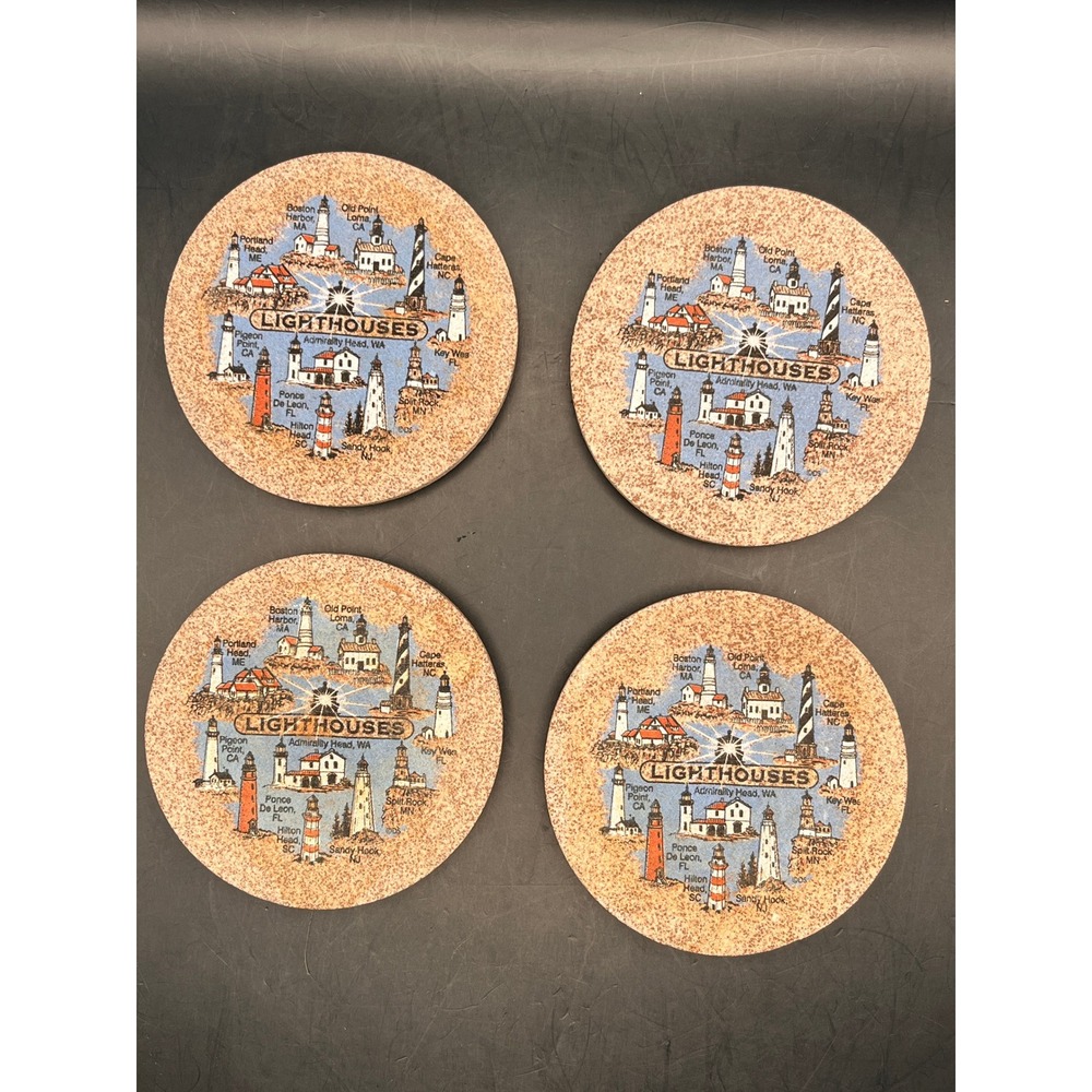 Lighthouses Cork Coasters Set of‎ 4 Coastal Decor Style Souvenir Nautical Vtg